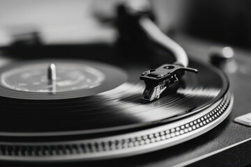 Obraz premium A close-up, black and white photo of a vintage record player, focusing on the needle and vinyl record, showcasing retro technology and audiophile culture with a sleek and classic design.