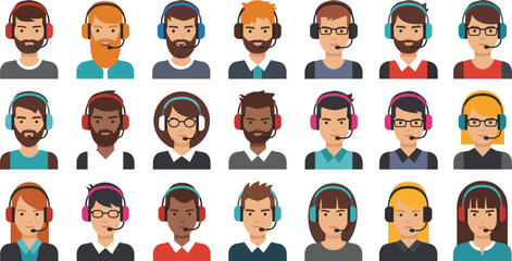 Customer Support Avatar Icon Set with Call Center Agents Wearing Headsets for Help Desk, Technical Support, Online Service and Communication Teams.