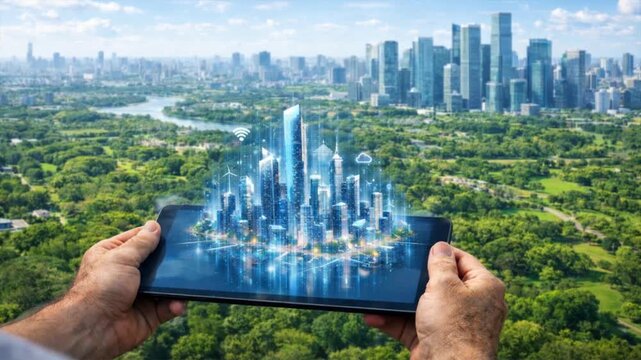 Future city simulation and 3D skyline projection on touchscreen