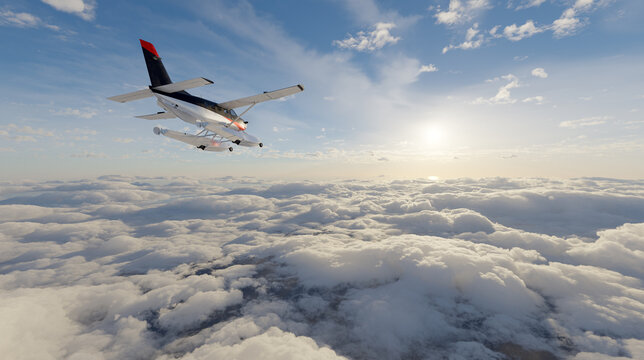 Seaplane Flying Above Dramatic Cloudscape At Sunrise Over Ocean &mdash; 3d Rendering
