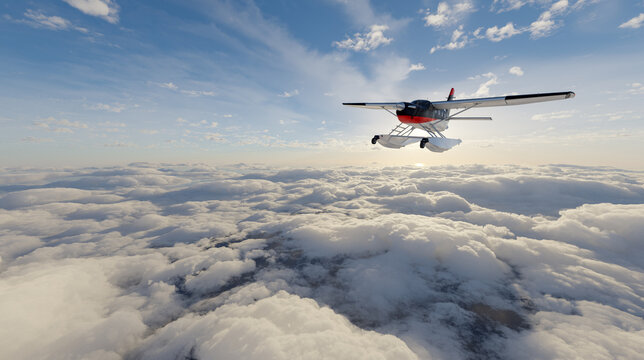 Seaplane Flying Above Dramatic Cloudscape At Sunrise Over Expansive Blue Sky - 3D Rendering