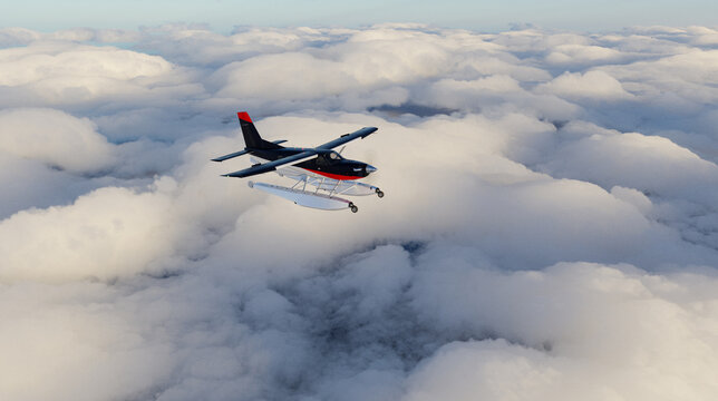 Seaplane Flying Above Soft Clouds Over Aerial Landscape &mdash; 3D Rendering Floatplane In Sky