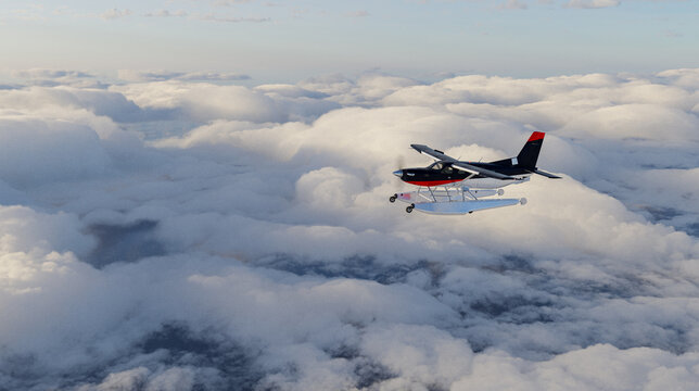 Seaplane Flying Above Soft Clouds Over Open Sky &mdash; Aerial Aviation 3D Rendering Scene
