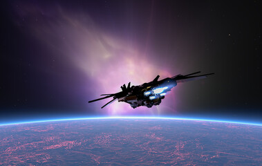 Futuristic Spaceship Flying Above Earth With Purple Aurora And Glowing Engines — 3D Rendering © edb3_16