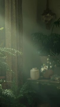 Vertical video: Sunlight shifting through window, lighting wood shelf at home with jar and orchid