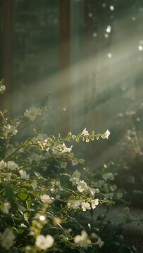 Vertical video: Sunlight moving, white blooms swaying and catching light in sunroom near glass