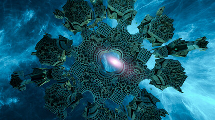 Fractal Space Structure: Futuristic Blue 3D Rendering of Abstract Cosmic Architecture and Portal Energy © edb3_16
