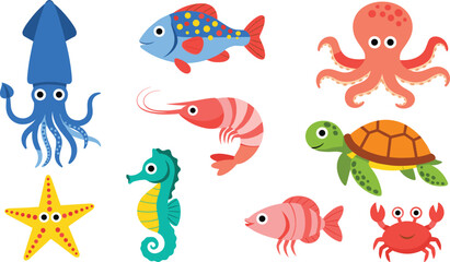 Fototapeta premium Cute Marine Sea Animals Vector Set Featuring Squid, Octopus, Fish, Shrimp, Turtle, Seahorse, Starfish and Crab Cartoon Characters for Kids Ocean Wildlife Illustration Design.