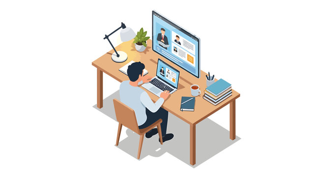 Vector illustration of man sitting at desk with computer and books