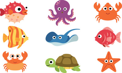 Cute Ocean Sea Animals Cartoon Vector Set with Puffer Fish, Octopus, Crab, Turtle, Starfish and Tropical Fish for Kids Marine Illustration Design. © MstSuborna