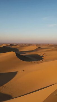 Vertical video: Panning camera across big dune in desert, revealing ripples lee shadows horizon