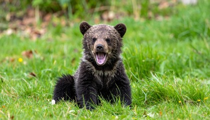 Cute Brown Bear Cub Growling on Grass © วรัญญู สุนโท