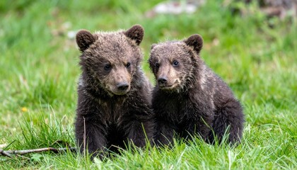 Two Brown Bear Cubs Sitting Together Close Up © วรัญญู สุนโท