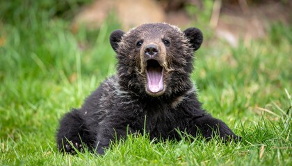 Cute Brown Bear Cub Growling on Grass © วรัญญู สุนโท