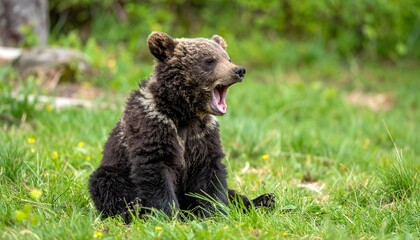 Cute Brown Bear Cub Growling on Grass © วรัญญู สุนโท