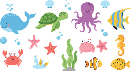 Fototapeta premium Cute Ocean Sea Animals Cartoon Vector Set with Whale, Turtle, Octopus, Fish, Crab, Seahorse and Starfish for Kids Marine Illustration Design.