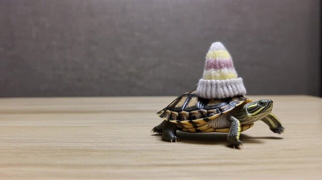 tiny turtle slowly walking across a table while wearing a tiny hat, humorous scene, 4K, 5 seconds