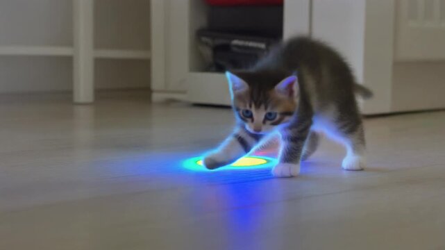 kitten chasing a moving laser dot rapidly across the floor, playful motion, 4K, 5 seconds