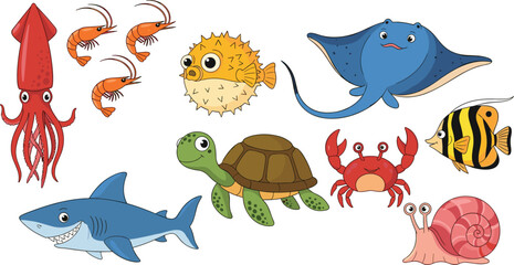 Cute Ocean Sea Animals Cartoon Vector Set with Shark, Stingray, Turtle, Squid, Crab, Shrimp, Puffer Fish and Tropical Fish Illustrations. © MstSuborna