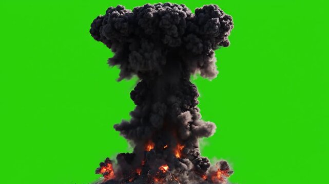 Mushroom cloud explosion on green screen.