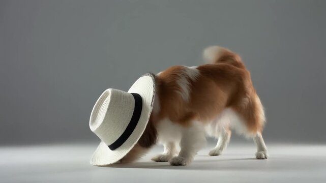 A small dog struggling to keep balance while wearing an oversized hat that slowly slides down, funny moment, bright studio background, 4K, no humans, 5 seconds