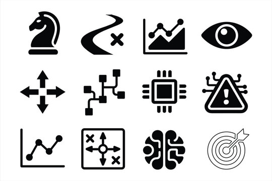 Professional business strategy icons for digital marketing management planning artificial intelligence technology data analytics growth innovation and corporate vision vector.