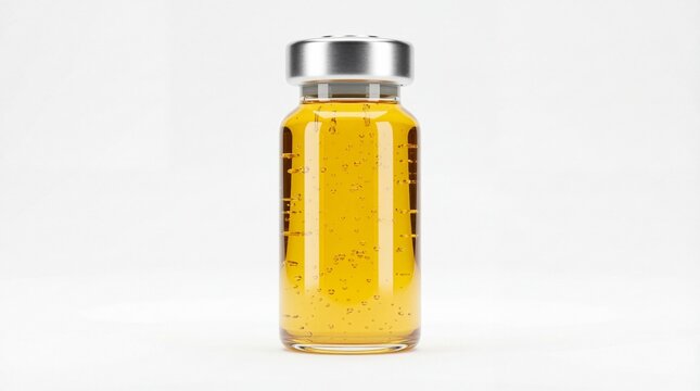 Small glass vial filled with yellow liquid on white background