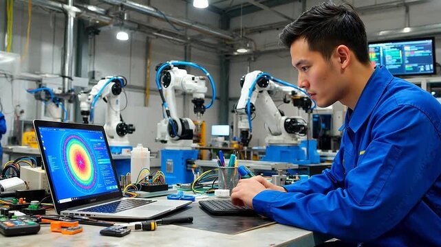 Man working on laptop in factory with robots