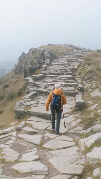 Vertical video: Stepping onto stone path, hiker in orange coat walking with pole toward outcrop
