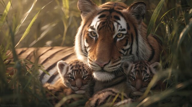 Tiger Family in the Foliage: A majestic tigress and her two adorable cubs find sanctuary amidst a verdant tangle, a portrait of maternal care in the wild.