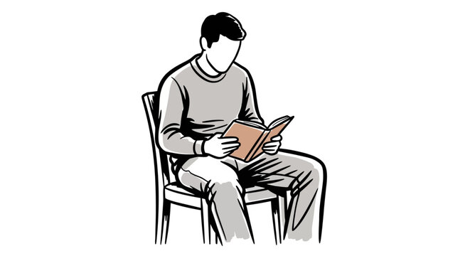 A man sits on a chair reading a book