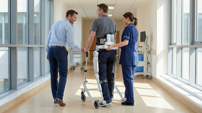 Male patient walking with robotic exoskeleton and rollator, assisted by clinician and relative. Gait rehabilitation and mobility assistance concept.