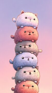 Stacked Kitty Cloud: A whimsical tower of fluffy kittens, their round bodies and gentle expressions creating a sense of joy and playfulness against a dreamy pastel background. 