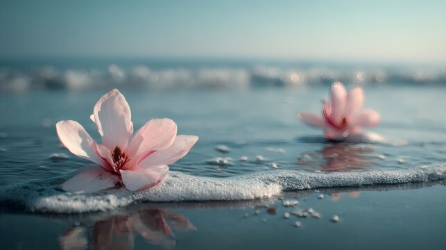 Serene Petals by the Sea: Two delicate blossoms, gently caressed by the rhythmic embrace of the ocean waves, convey a sense of transient beauty and tranquility along the seashore.