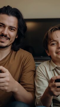 Vertical video: Game starting on TV as dad-son pressing black controllers on couch at home, playing