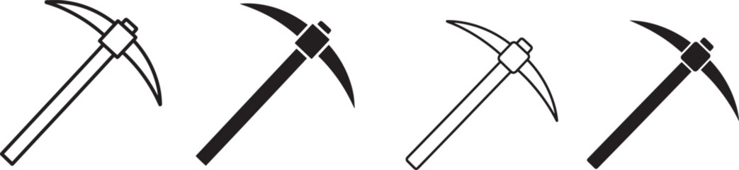 A set of vector line art silhouettes of pickaxes in different orientations and colors