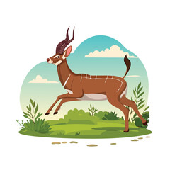 Running antelope cartoon illustration on a green background © Yhukaz