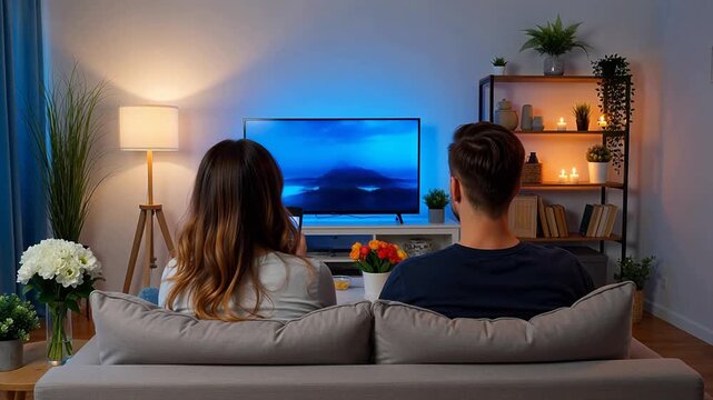 Couple watching TV in cozy living room