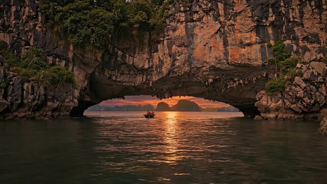 Serene boat journey through limestone karsts at sunset in Ha Long Bay