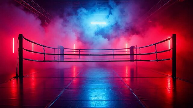 Empty boxing ring with colorful lights