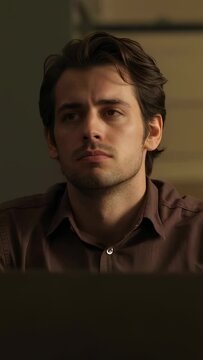 Vertical video: Loading icon appearing, man in brown shirt shifting gaze at laptop at home, waiting