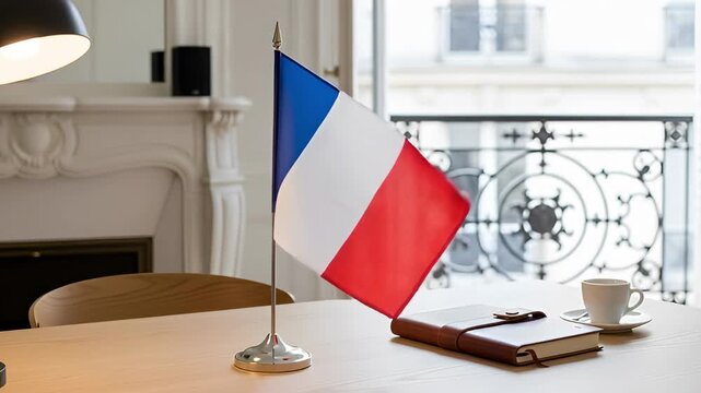 French flag on a desk in a modern office space