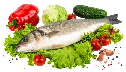A healthy gourmet meal featuring whole fresh raw trout with vegetables and lemon on a white background, perfect for a seafood diet or a grilled fish dinner isolated for gourmet cuisine