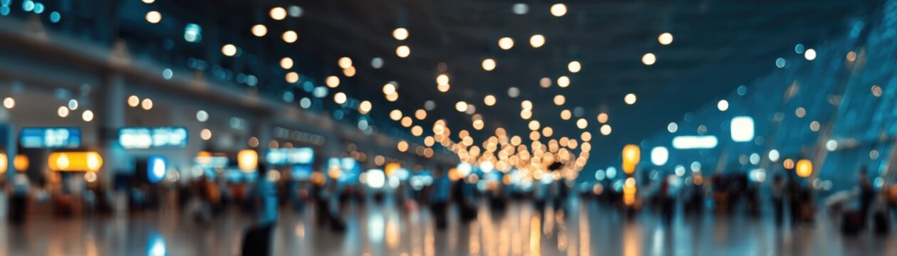 Blurred image of a spacious airport terminal with glowing ceiling lights and indistinct travelers moving through the space, world crisis, blurred background