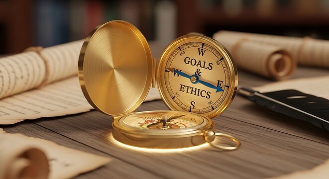 Gold Compass with Goals and Ethics on Desk.