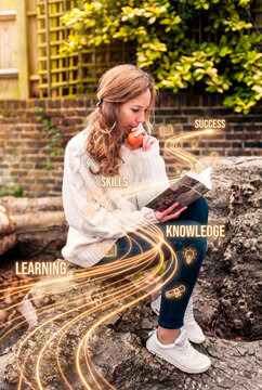 Analytical woman reading book discovering knowledge and skills