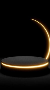 A minimalist illustration showcasing a glowing crescent light balanced on a dark platform against a black background from an angle viewpoint