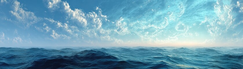 Fototapeta premium Vast ocean waves under a bright blue sky with scattered clouds during daytime, world crisis, blurred background