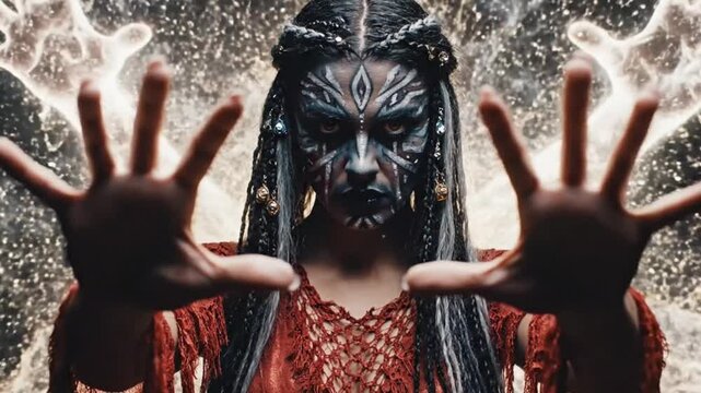 A woman with a black face paint and long dark hair wearing a red lace top with her hands outstretched in front of her with a mystical background