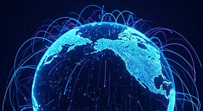 Digital blue globe with circuit map and glowing network lines, global connection concept